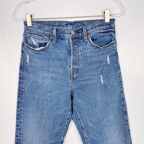 Levis Womens 28 High Rise Button Front Straight Crop Jeans Raw Fray Hem Denim - Picture 3 of 14